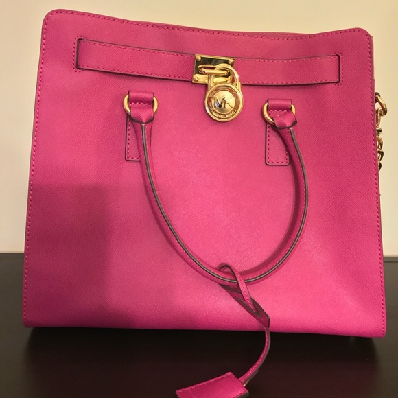 MICHAEL MICHAEL KORS HAMILTON BAG LG TOTE GENUINE LEATHER FUSCHIA With Dust Bag - Picture 3 of 7